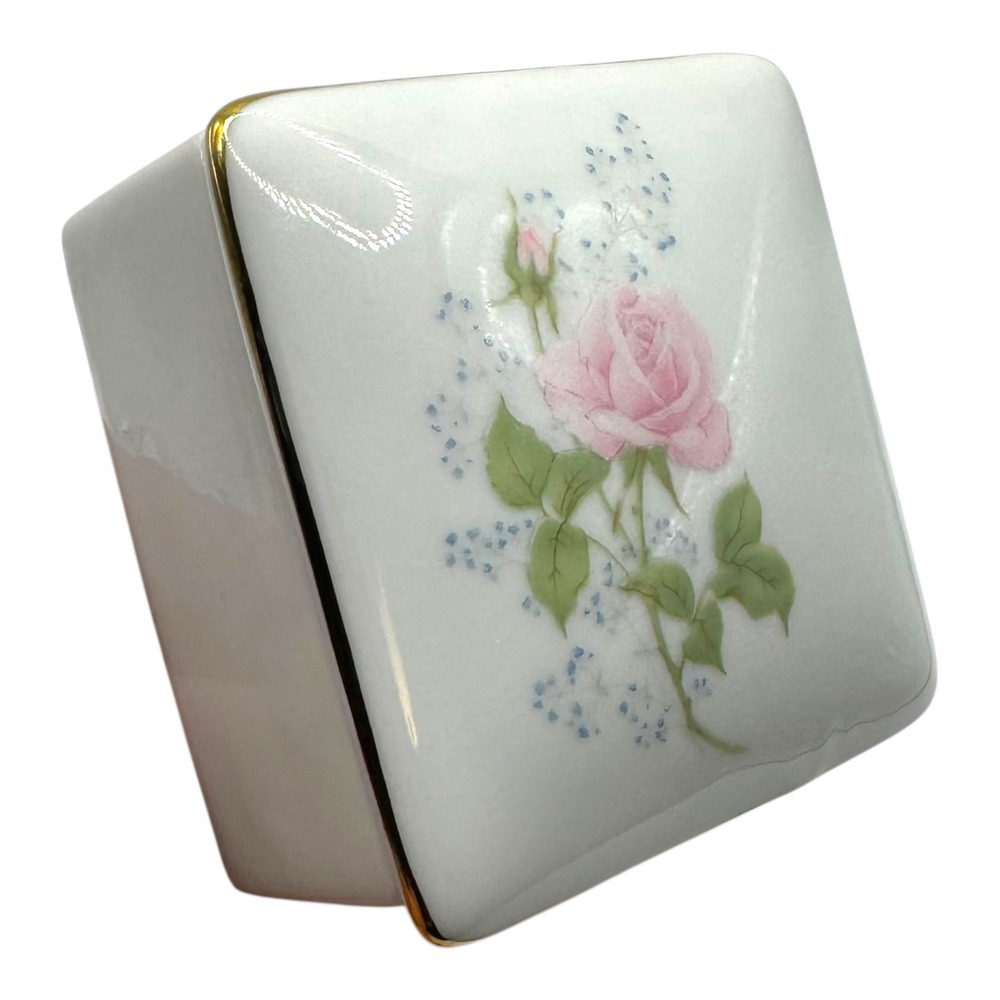Vintage Floral Fantasy Porcelain Square Trinket Box Pink Rose 1988‎ Japan G72Q - Picture 8 of 11
